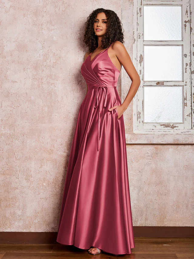OKBBN Princess Thin Shoulder Strap Long Satin Bridesmaid Dress