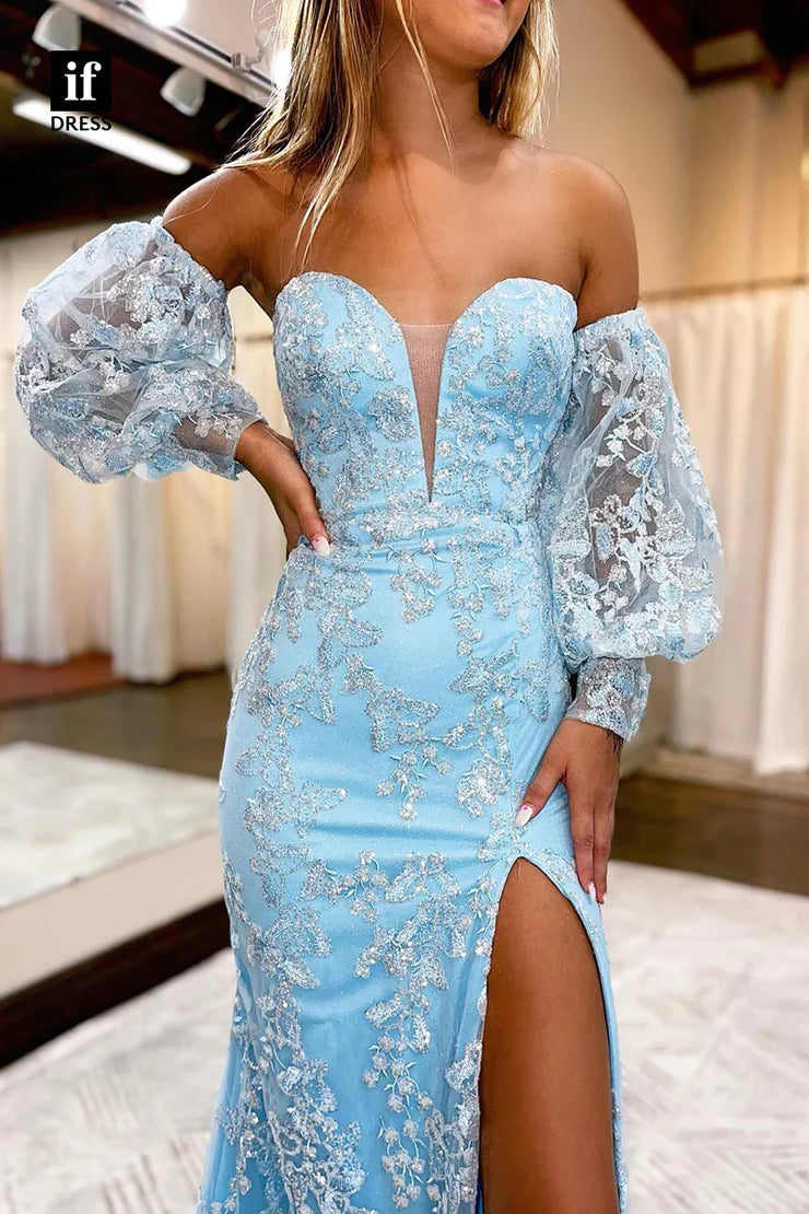 OKBBN Mermaid Sweetheart Sparkle Lace Long Split Ball Dress