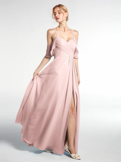 OKBBN slim shoulder strap high waisted ruffled hem slim fit bridesmaid dress