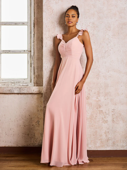 OKBBN pleated shoulder strap sleeveless A-line chiffon bridesmaid dress