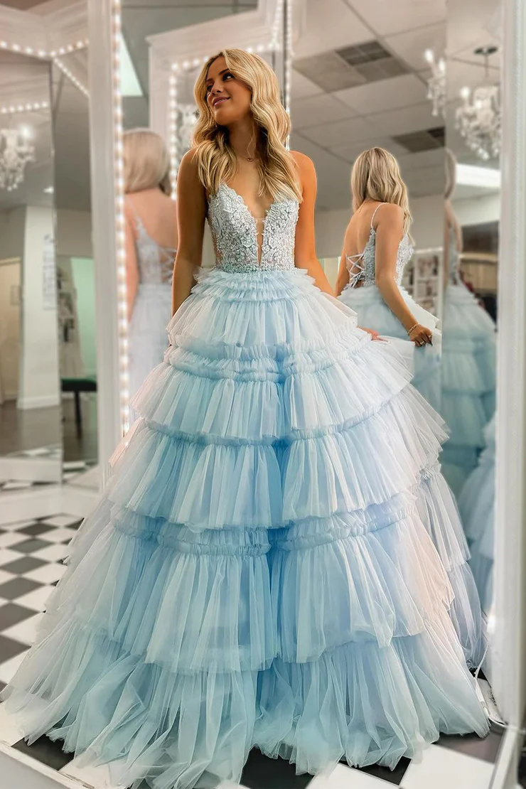 OKBBN beautiful A-line V-neck ruffled layered chiffon long dance dress