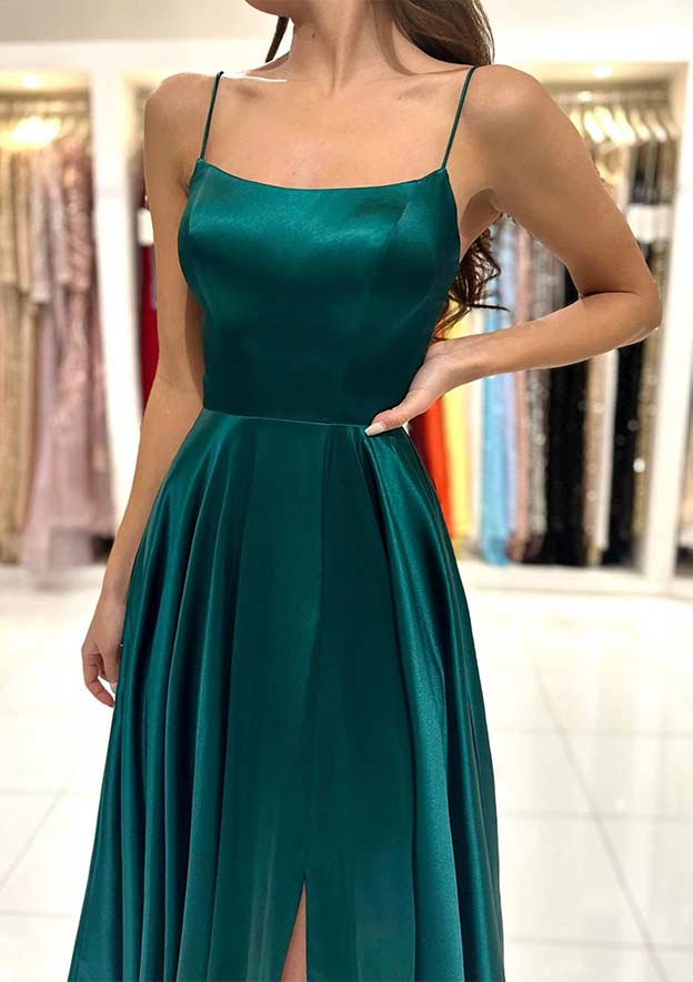OKBBN A-line square neckline thin shoulder strap backless long slit dance dress