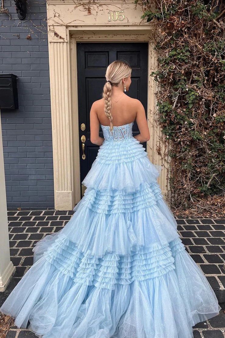 OKBBN Cute A-line Off Shoulder Ruffle Layered Chiffon Long Ball Dress