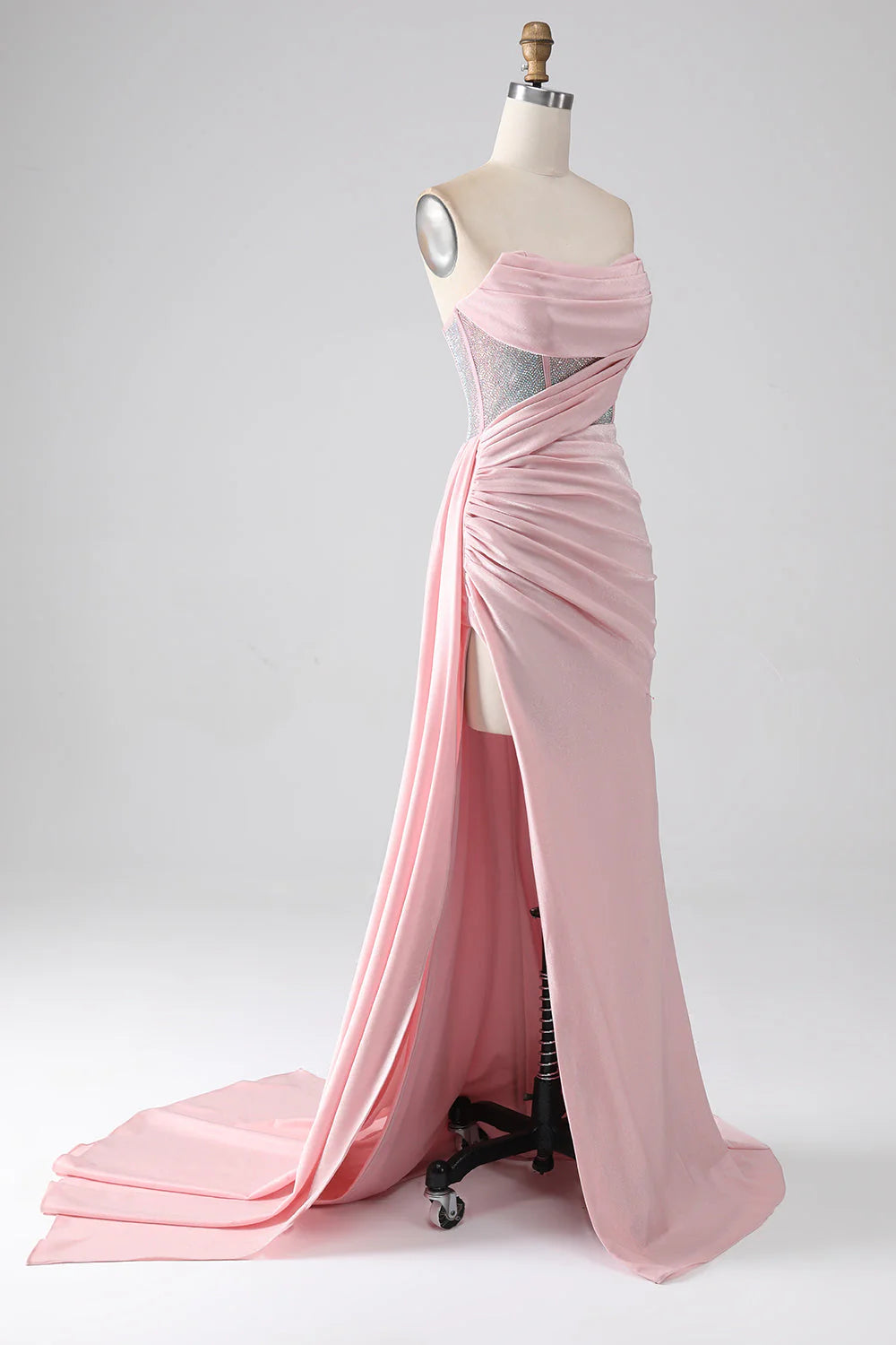 OKBBN mermaid off shoulder beaded pleated long high slit dance dress