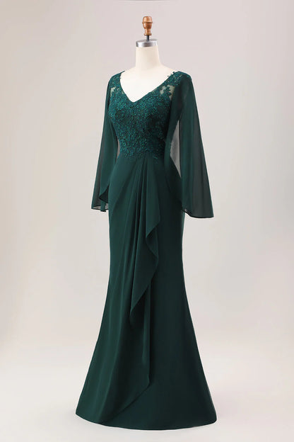 OKBBN Sparkling Mermaid Chiffon Long Sleeve Bridal Mother Dress
