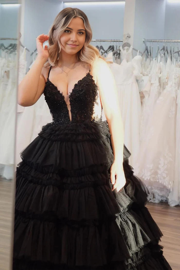 OKBBN Princess V-neck Layered Chiffon Long Ball Dress
