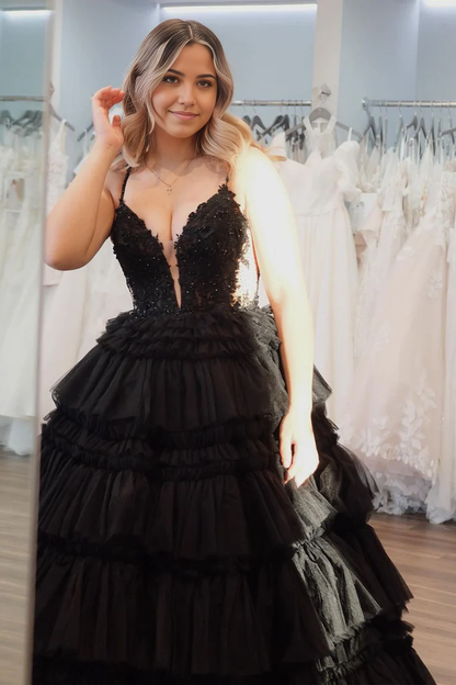 OKBBN Princess V-neck Layered Chiffon Long Ball Dress
