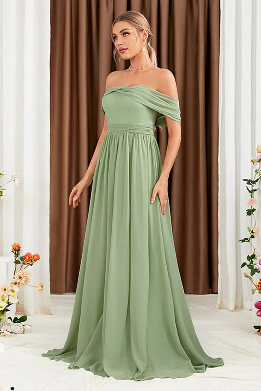 OKBBN A-line chiffon off shoulder backless evening gown