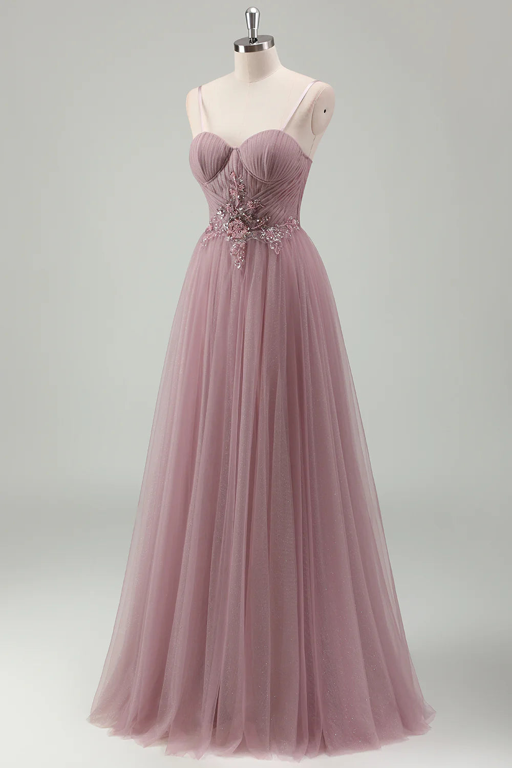 OKBBN decal A-line thin shoulder strap pleated long ball gown