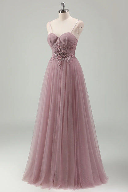 OKBBN decal A-line thin shoulder strap pleated long ball gown