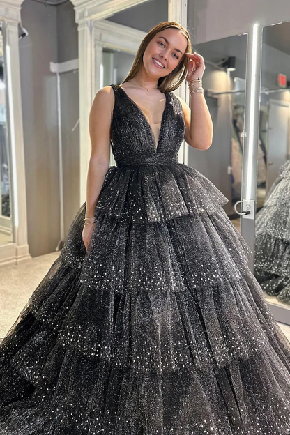 OKBBN Shiny A-line V-neck Ruffle Layered Long Ball Dress