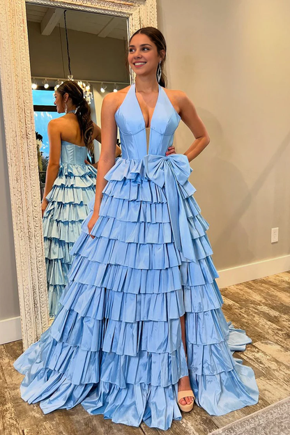 OKBBN Cute A-line V-neck Layered Long Ball Dress