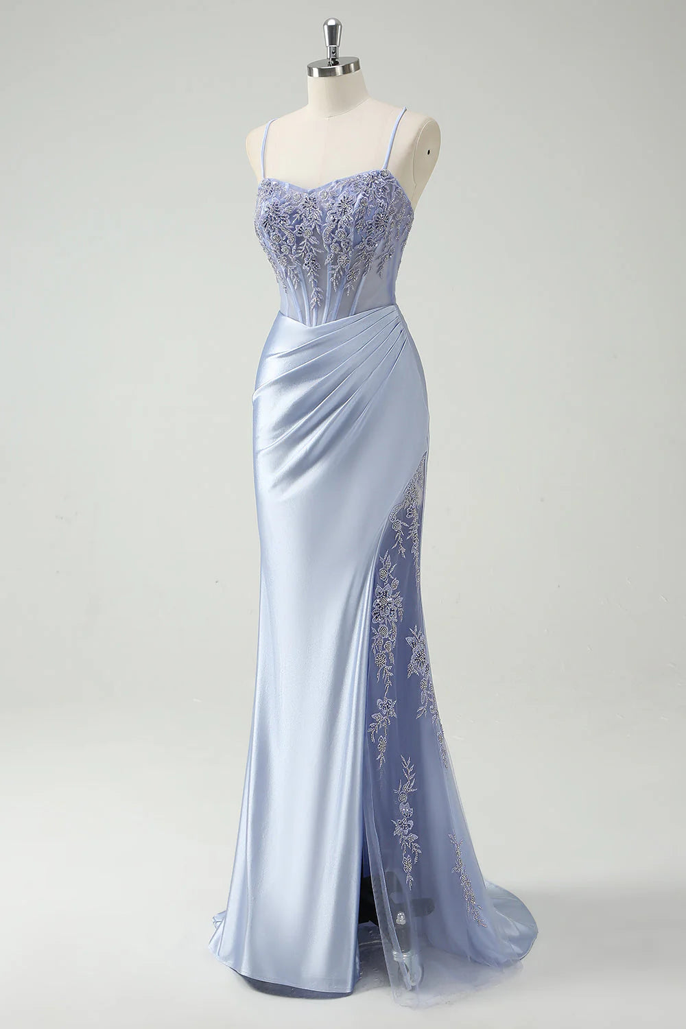 OKBBN mermaid slim shoulder strap pleated bead slit long ball dress
