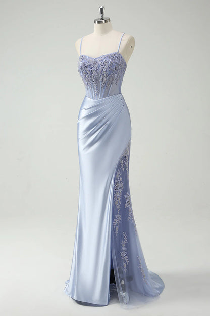 OKBBN mermaid slim shoulder strap pleated bead slit long ball dress