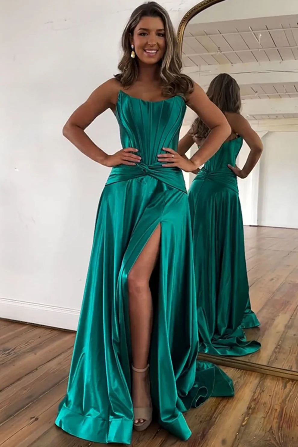 OKBBN A-line off shoulder long satin slit dance dress