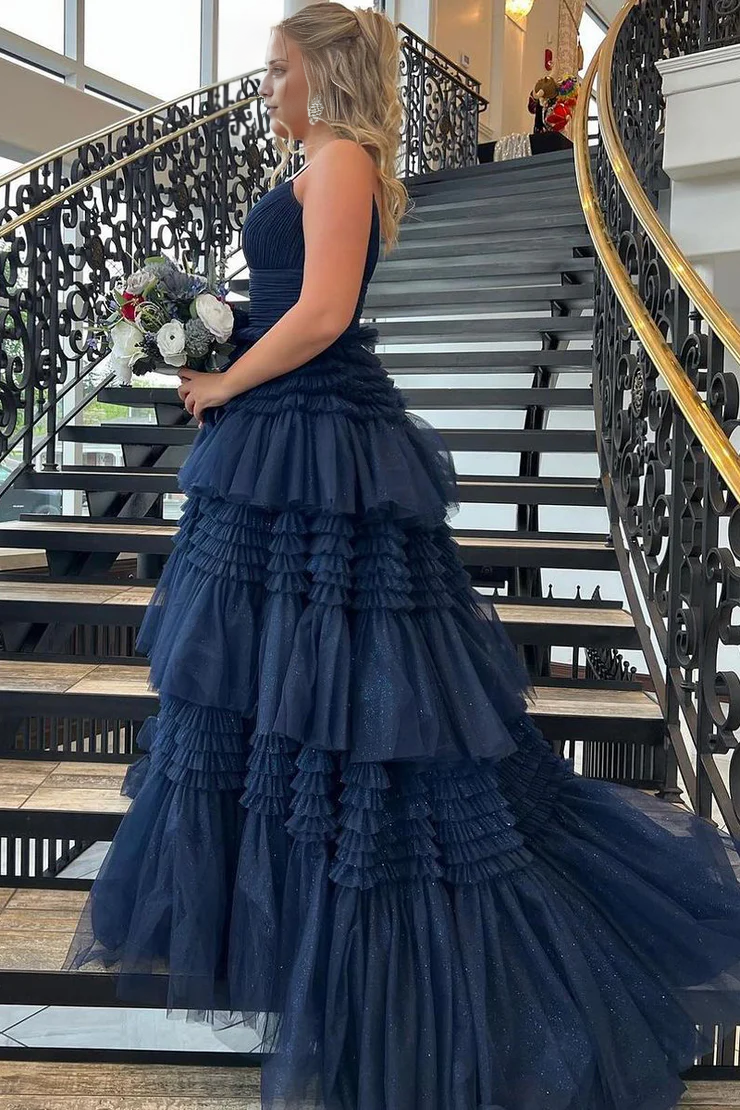 OKBBN Dazzling A-line V-neck Ruffle Layered Chiffon Split Ball Dress