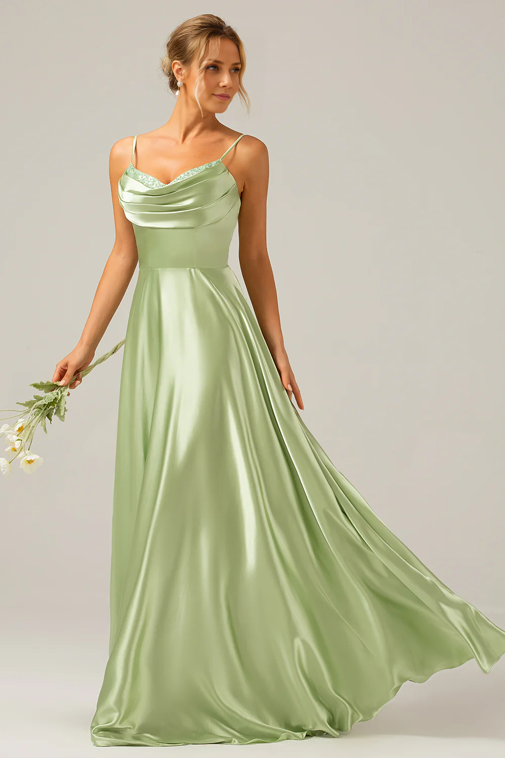 OKBBN A-line scarf collar satin long bridesmaid dress