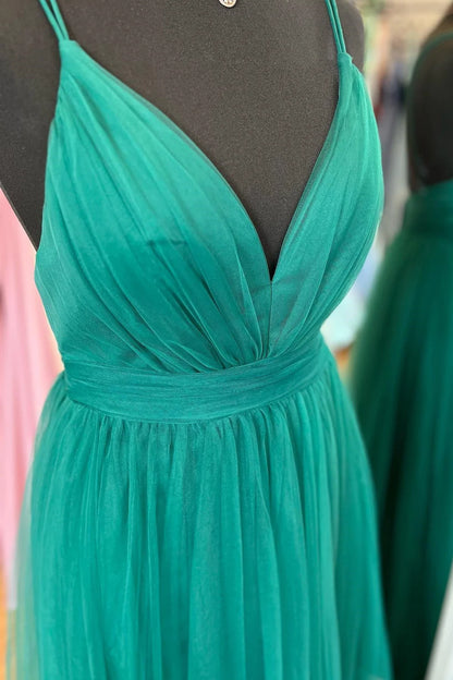 OKBBN A-line deep V-neck double shoulder strap pleated long ball gown