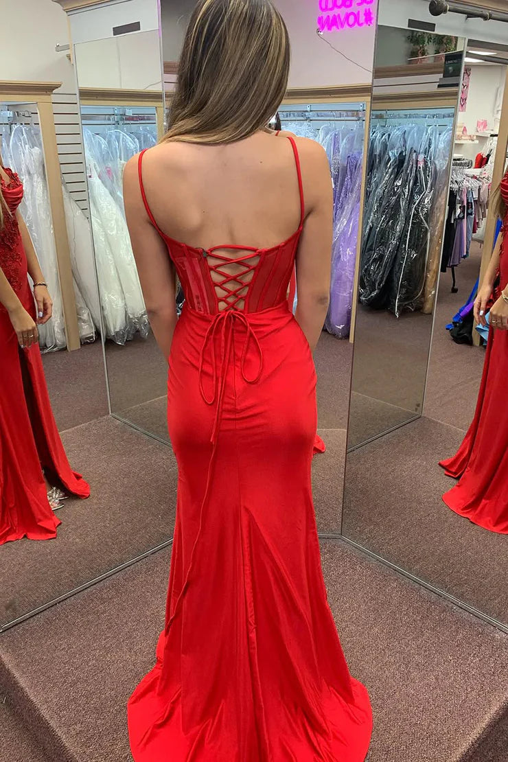 OKBBN Cute Mermaid Strap Satin Long Split Ball Dress