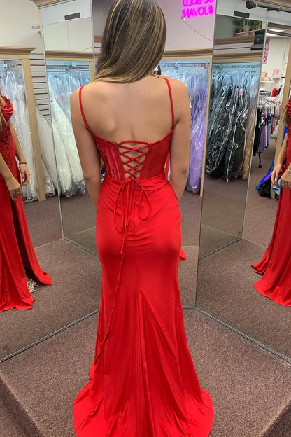 OKBBN Cute Mermaid Strap Satin Long Split Ball Dress
