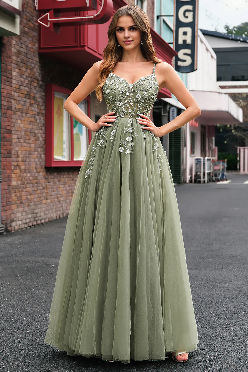 OKBBN chiffon thin shoulder strap A-line tight corset long ball dress