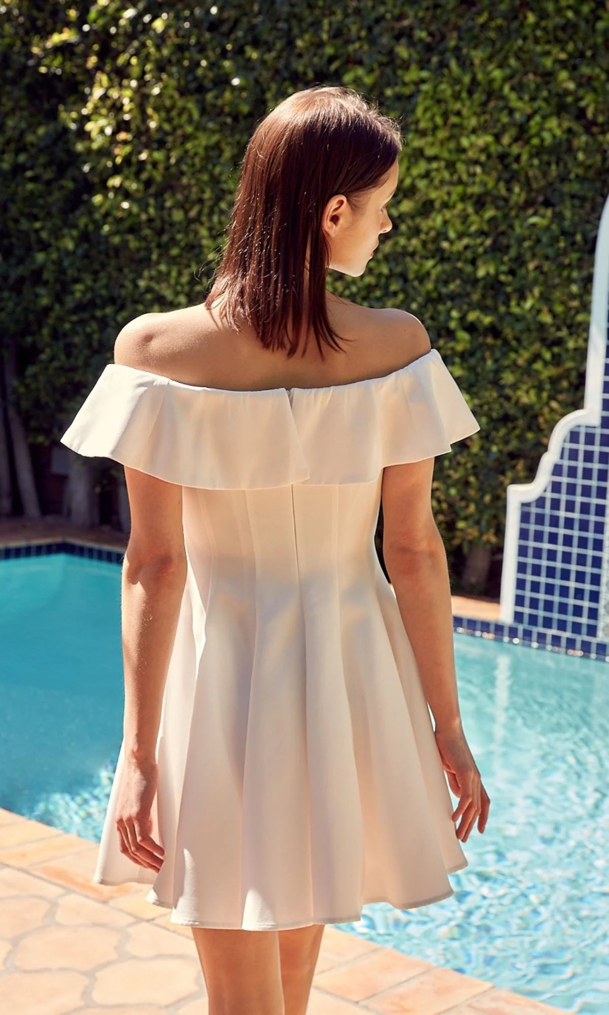 OKBBN Elegant Off Shoulder Short Ruffle Close Fit Waist Sweet yet Elegant Back to School Dress