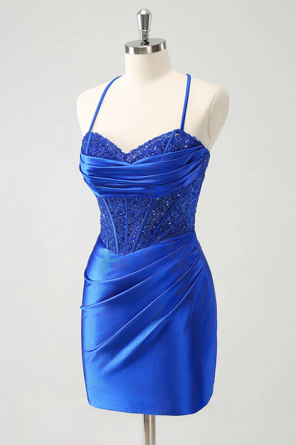OKBBN shiny back lace up tight corset short, thin shoulder straps slim fit Homecoming Dresses