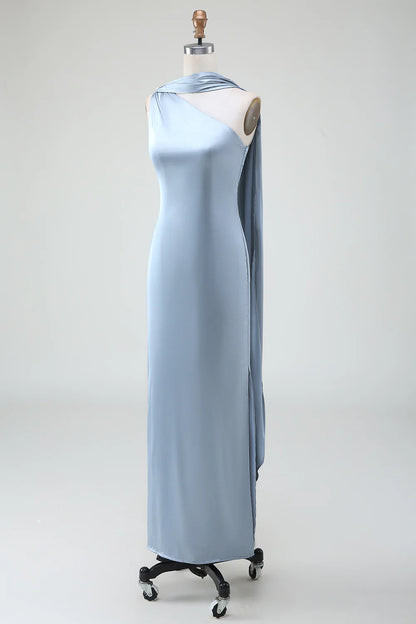 One-Shoulder Long Satin Dusty Blue Bridesmaid Dress