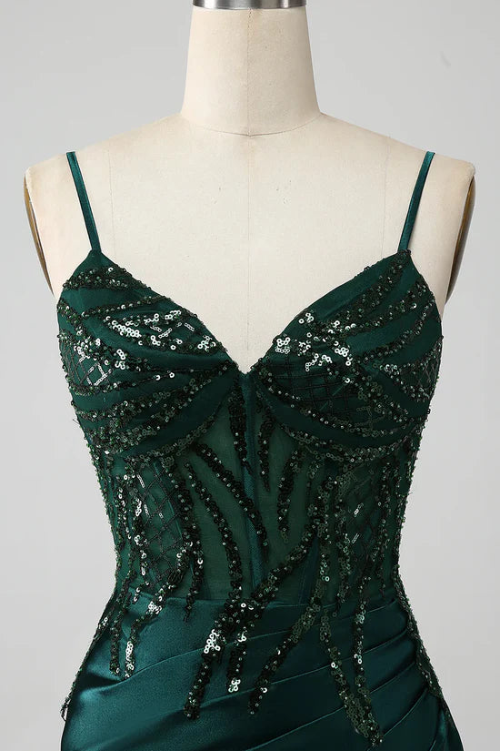 OKBBN mermaid sequin pleated tight corset slit ball dress
