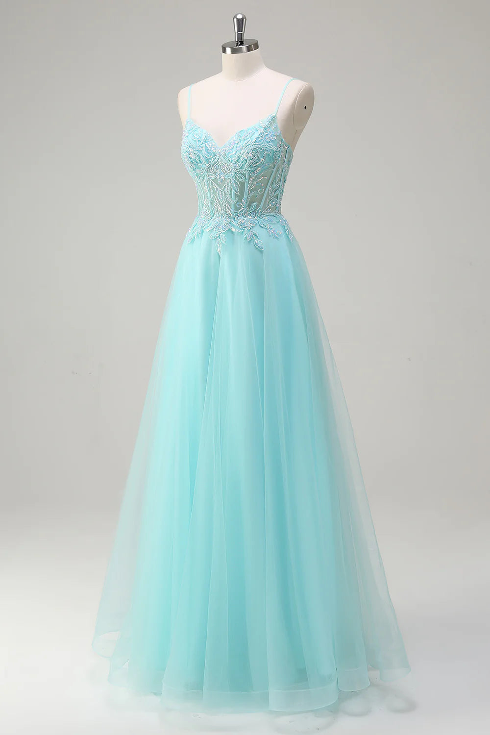 OKBBN A-line thin shoulder strap sequined chiffon long ball dress