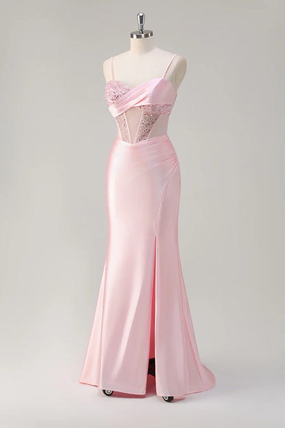 OKBBN elegant mermaid sequin tight corset long slit party dress