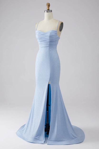 OKBBN mermaid slim shoulder strap slit sleeveless long ball dress