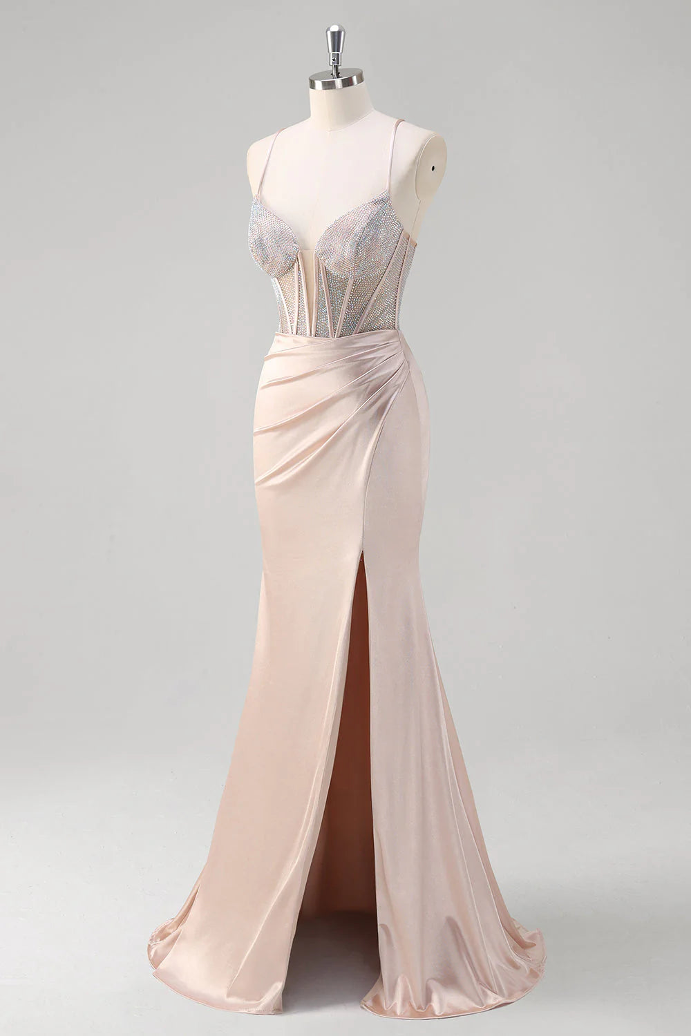 OKBBN mermaid thin shoulder strap pleated tight corset bead long slit ball dress