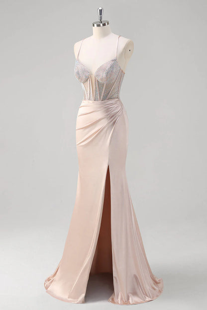 OKBBN mermaid thin shoulder strap pleated tight corset bead long slit ball dress