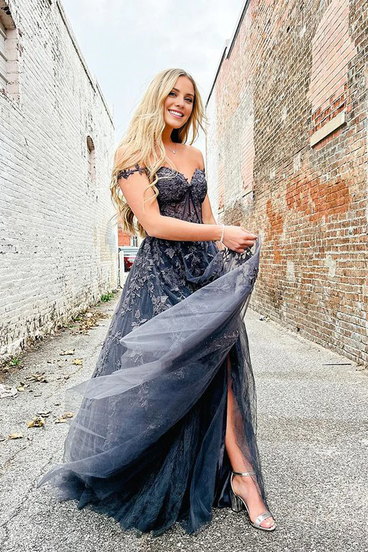 OKBBN charming A-line sweetheart chiffon lace slit long dress