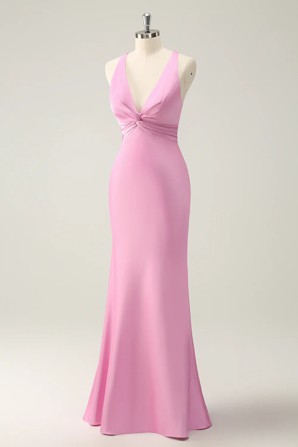 OKBBN Mermaid V-neck Satin Long Bridesmaid Dress