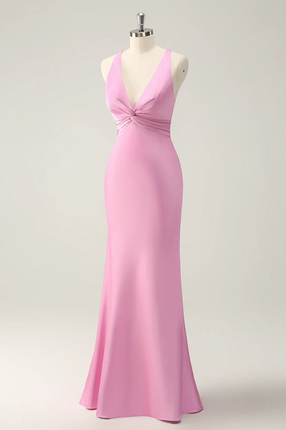 OKBBN Mermaid V-neck Satin Long Bridesmaid Dress