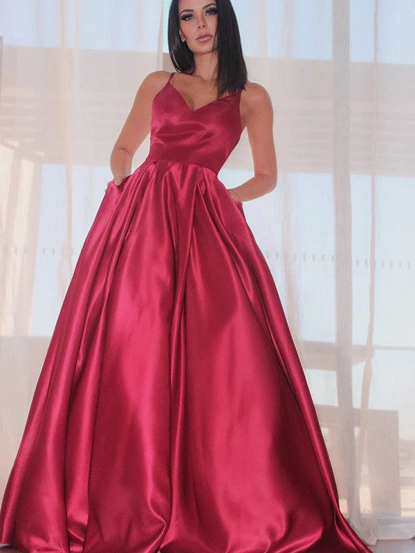 OKBBN A-line elegant sleeveless ruffled V-neck satin and floor dance dress