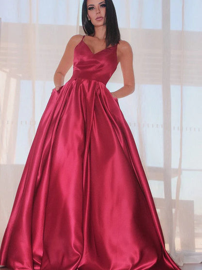 OKBBN A-line elegant sleeveless ruffled V-neck satin and floor dance dress
