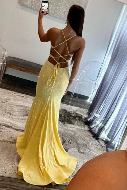OKBBN Sparkling Mermaid V-neck Satin Long Ball Dress