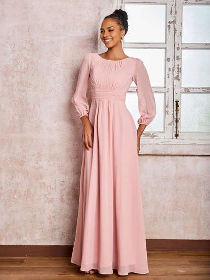 OKBBN boat collar long sleeved pleated A-line chiffon bridesmaid dress