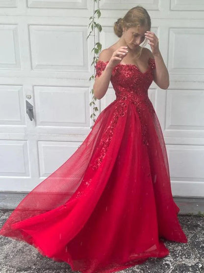 OKBBN A-line elegant off shoulder chiffon applique sleeveless and floor dance dress