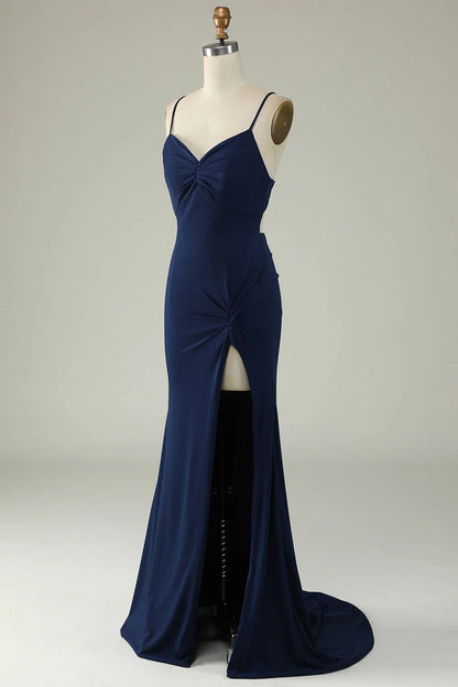 OKBBN mermaid slim shoulder strap long front slit evening gown
