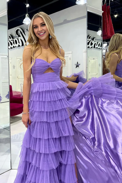 OKBBN Sweetheart Lock Hole ruffle edge sheer slit long ball dress
