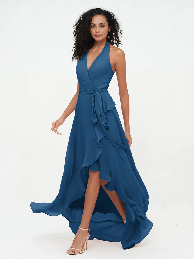 OKBBN backless deep V-neck chiffon asymmetrical bridesmaid dress