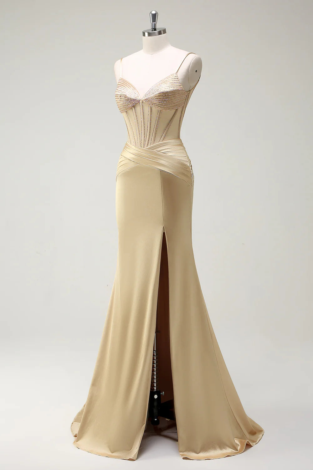 OKBBN Mermaid Strap Waist Beaded Split Long Ball Dress