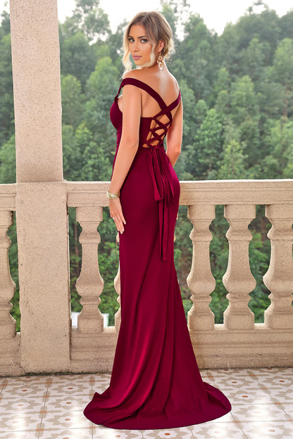 OKBBN off shoulder lace up slit mermaid long evening gown