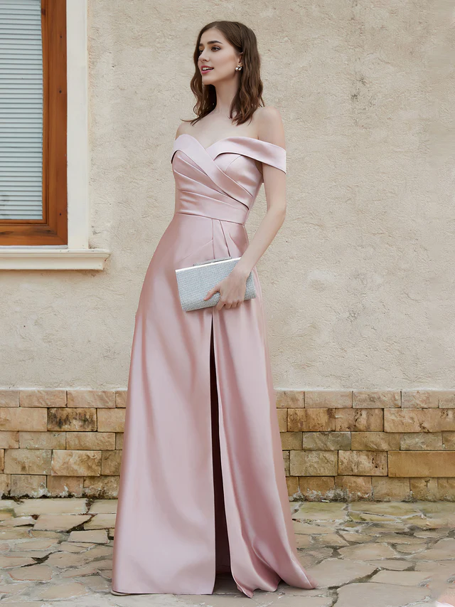 OKBBN Elegant Off Shoulder Satin Split Bridesmaid Dress