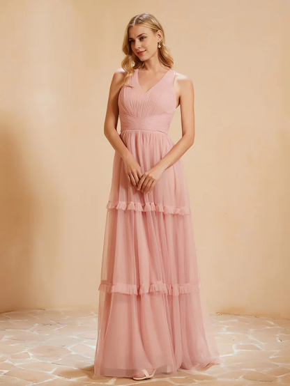 OKBBN V-neck pleated ruffle and ground chiffon bridesmaid dress