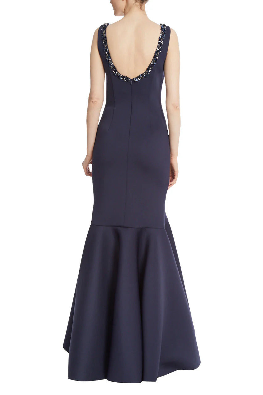 Beaded scoop neck sleeveless bodycon zipper closure slit front ruffled trumpet Prom Dresses